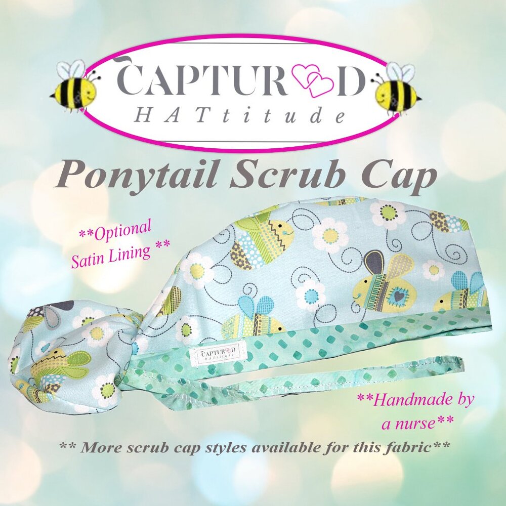 New Womens Ponytail Scrub Cap Baby Bees, Handmade